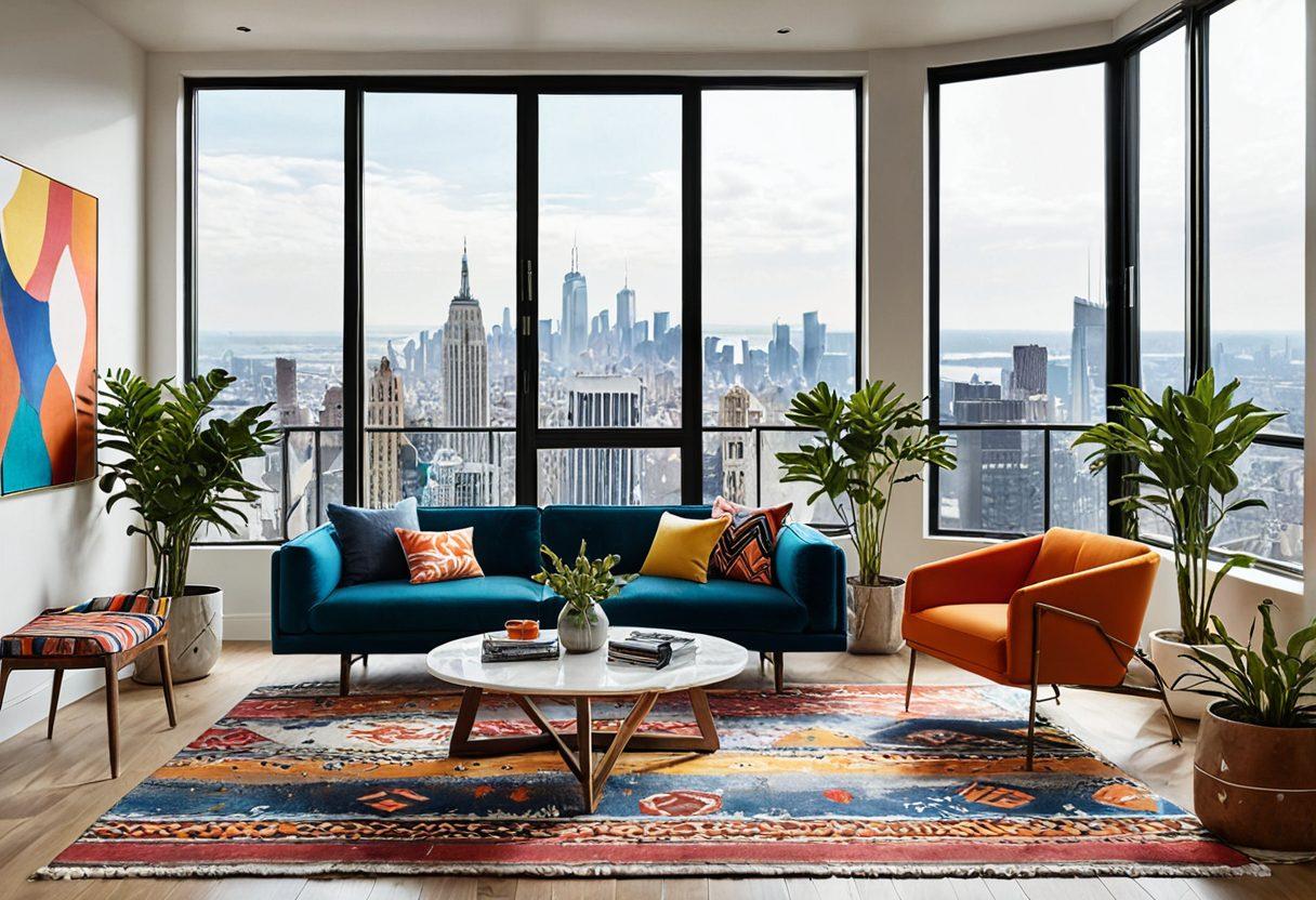 A stylish living space showcasing modern design elements like geometric furniture, bright indoor plants, and abstract wall art. A sunlit room with large windows that displays a colorful cityscape in the background. Include vibrant textiles and decor that evoke a sense of energy and creativity. super-realistic. vibrant colors. light and airy atmosphere.