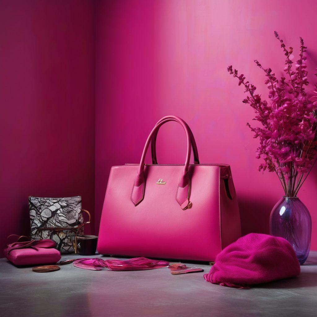 A vibrant explosion of fuchsia hues blending seamlessly into various personal items like a stylish handbag, modern furniture, and bold wall art. Diverse individuals joyfully expressing their creativity, adorned in eclectic outfits that highlight fuschia accents. A whimsical background featuring abstract shapes and patterns, symbolizing freedom and individuality. super-realistic. vibrant colors. dynamic composition.